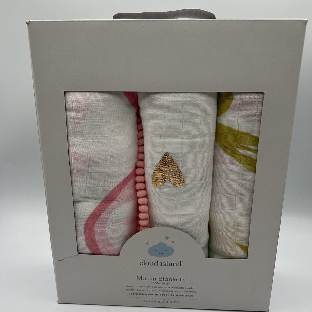 Cloud Island 3-Pack Muslin Swaddle Blankets 47x47” 100% Cotton OEKO-TEX